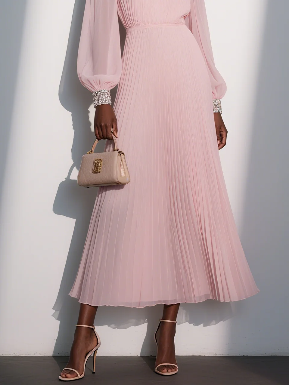 Pink Pleated Chiffon Off The Shoulder Long Sleeve Balloon Sleeve A-Line Maxi Dress