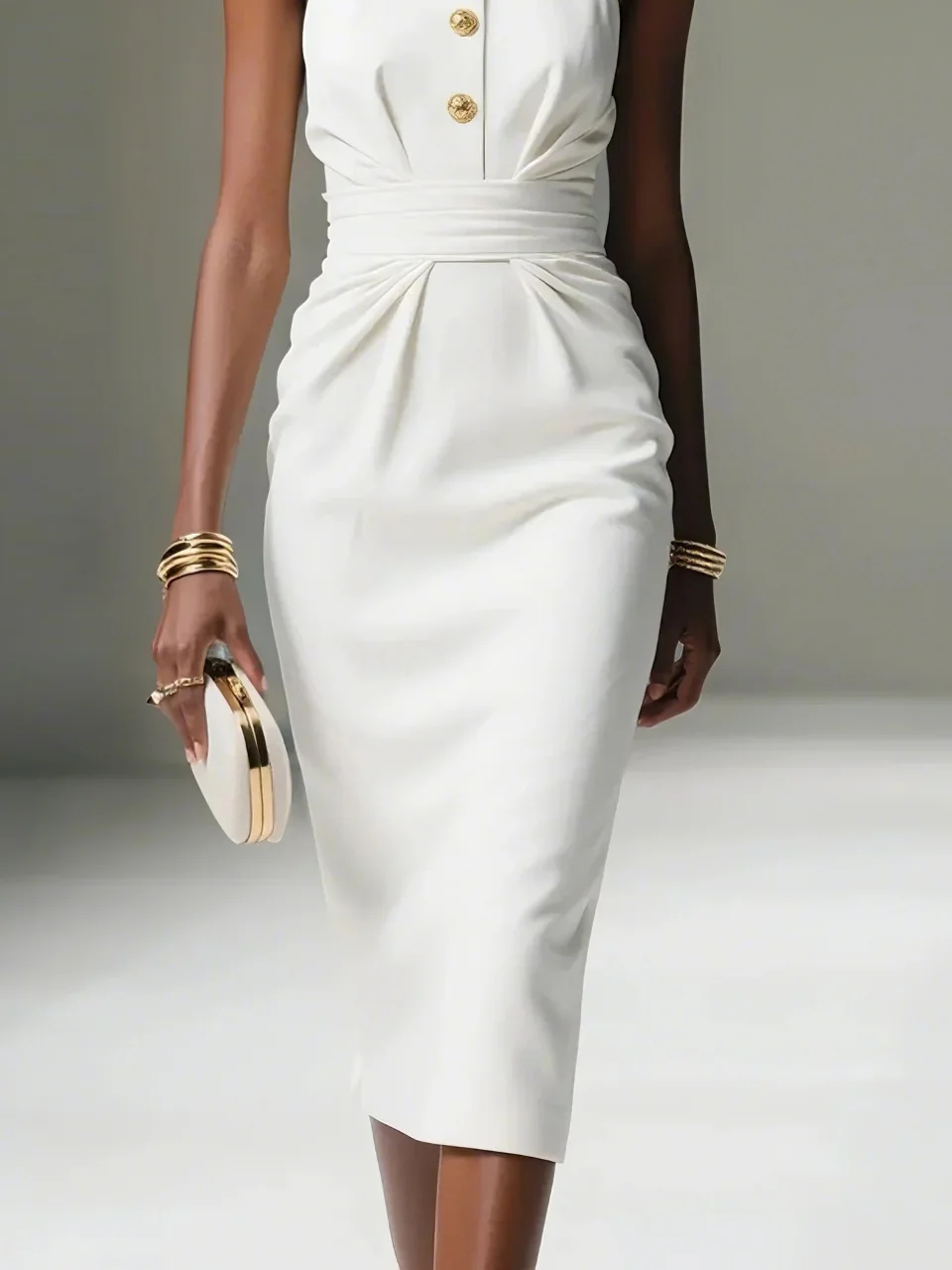White Buckle Ruched Classic Halter Sleeveless Sheath Midi Dress