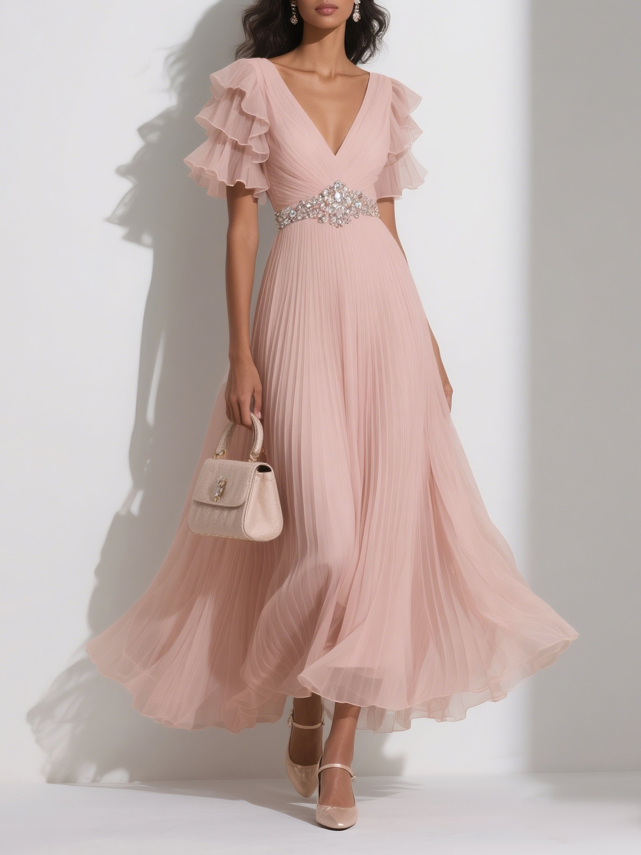 Pink Pleated Rhinestone Ruffle Sleeve A-Line Maxi Chiffon Dress