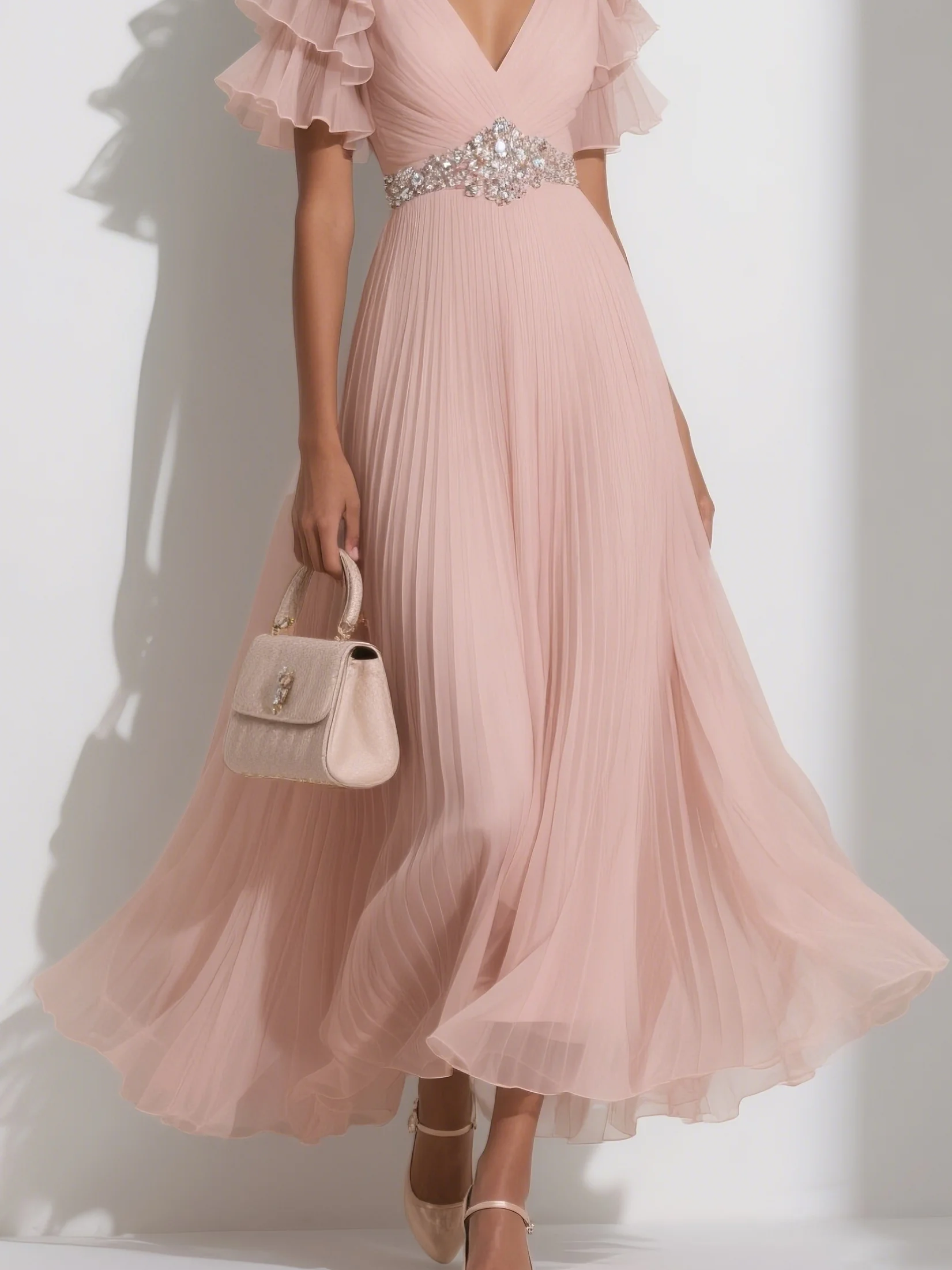 Pink Pleated Rhinestone Ruffle Sleeve A-Line Maxi Chiffon Dress