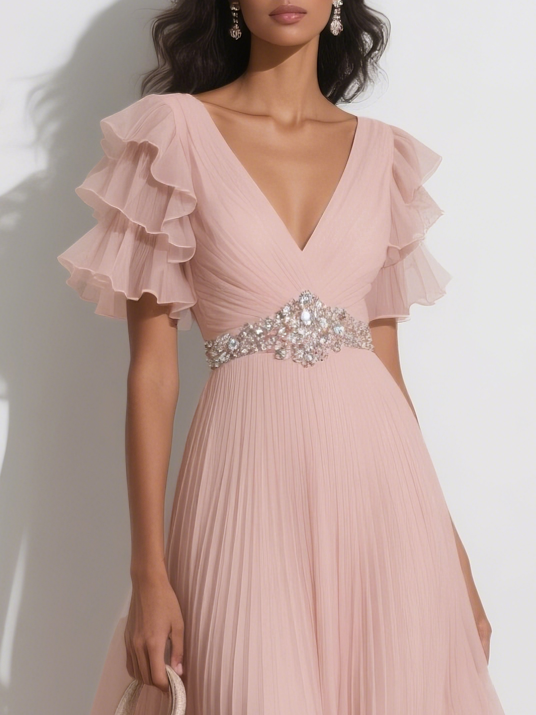 Pink Pleated Rhinestone Ruffle Sleeve A-Line Maxi Chiffon Dress