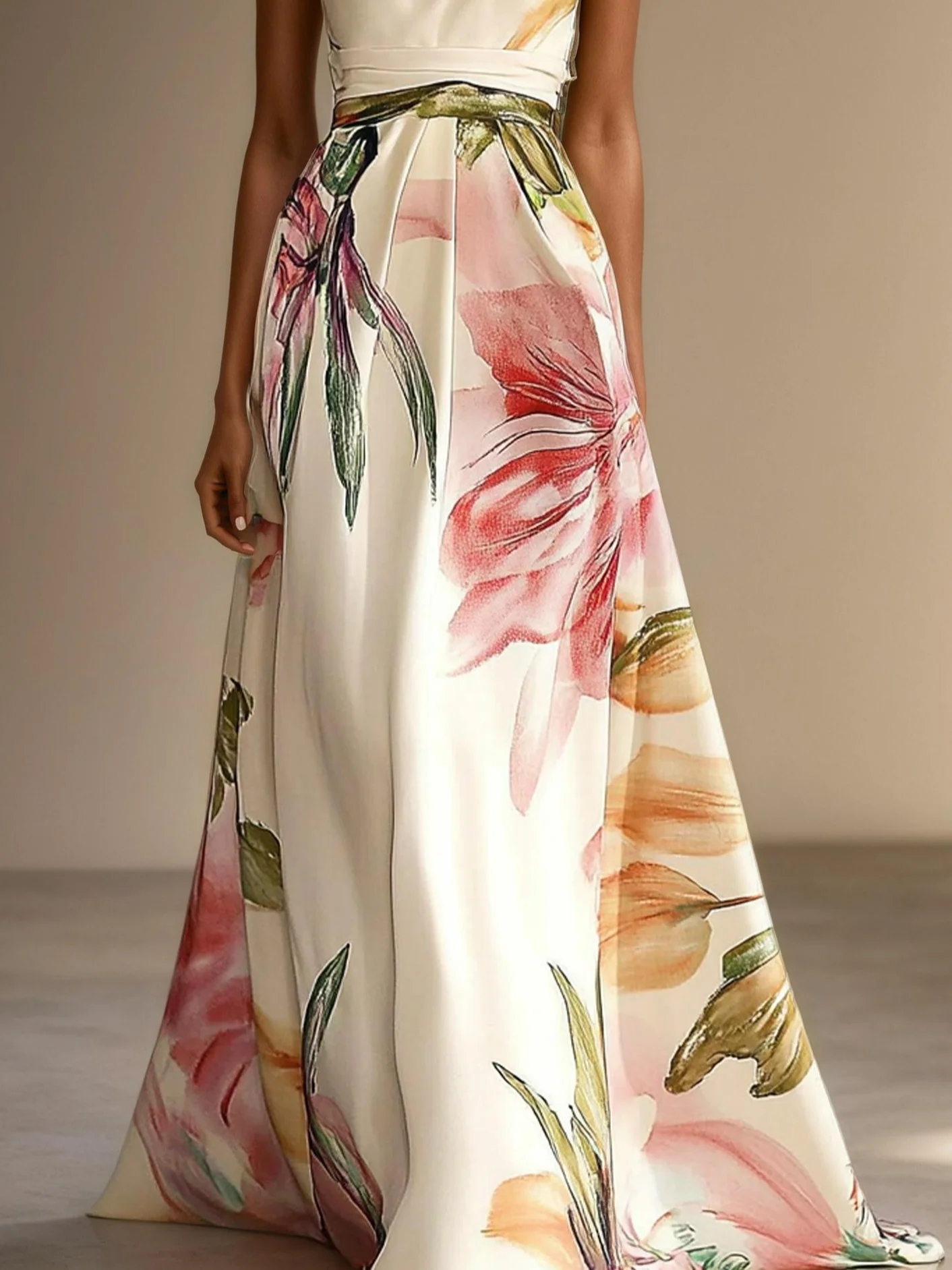 Pink Floral Satin One Shoulder Sleeveless A-Line Maxi Dress