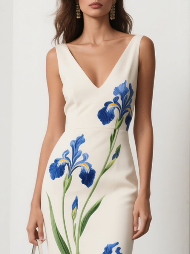 White Floral Classic V Neck Sleeveless A-Line Gown Dress