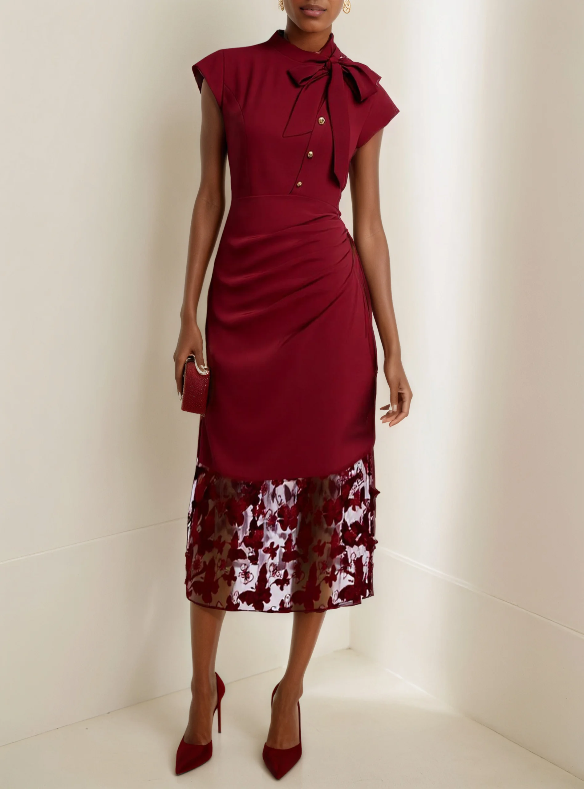 Wine Red Butterfly Lace Crew Neck Cap Sleeve Sheath Midi Dress
