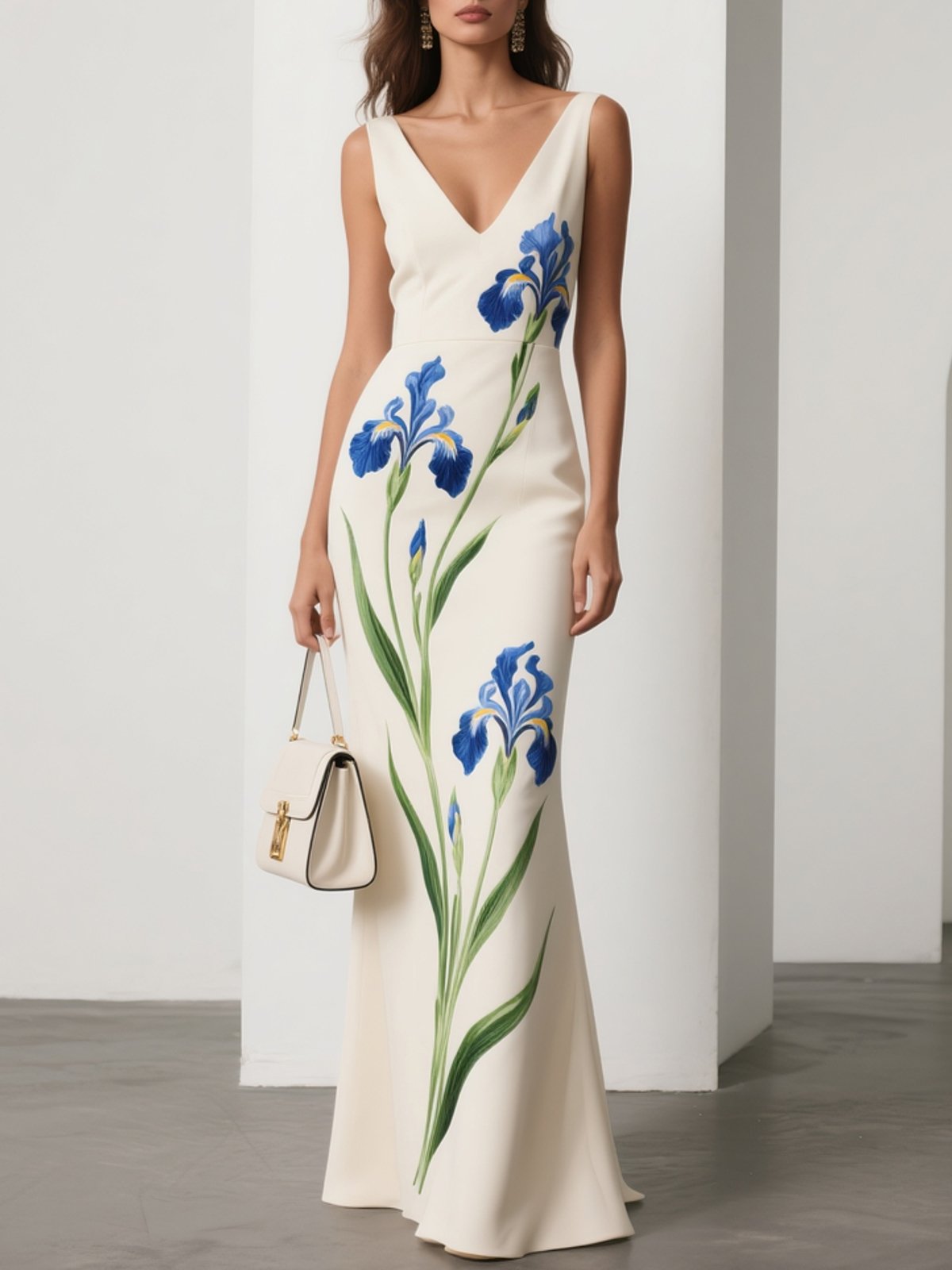 White Floral Classic V Neck Sleeveless A-Line Gown Dress