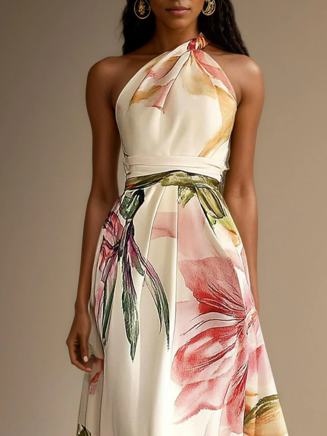 Pink Floral Satin One Shoulder Sleeveless A-Line Maxi Dress