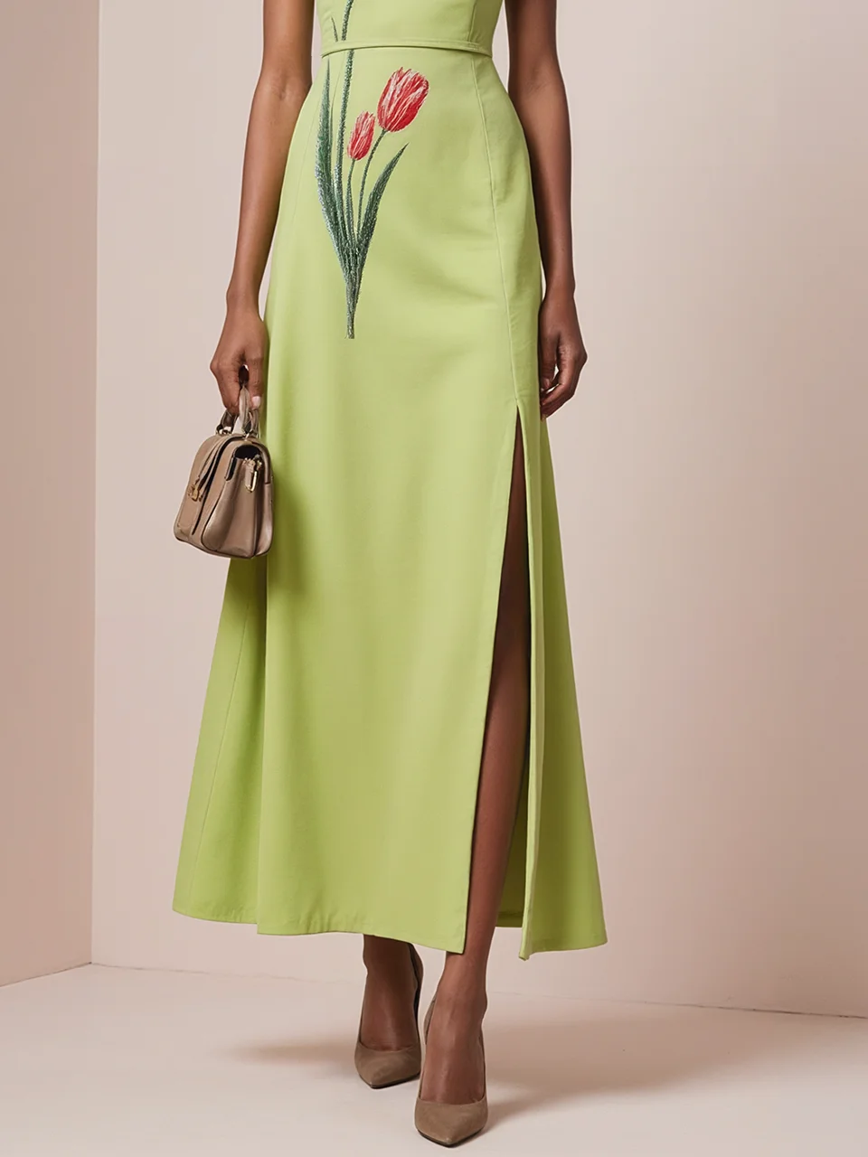 Green Embroidery Slit Classic Crew Neck Sleeveless A-Line Maxi Dress
