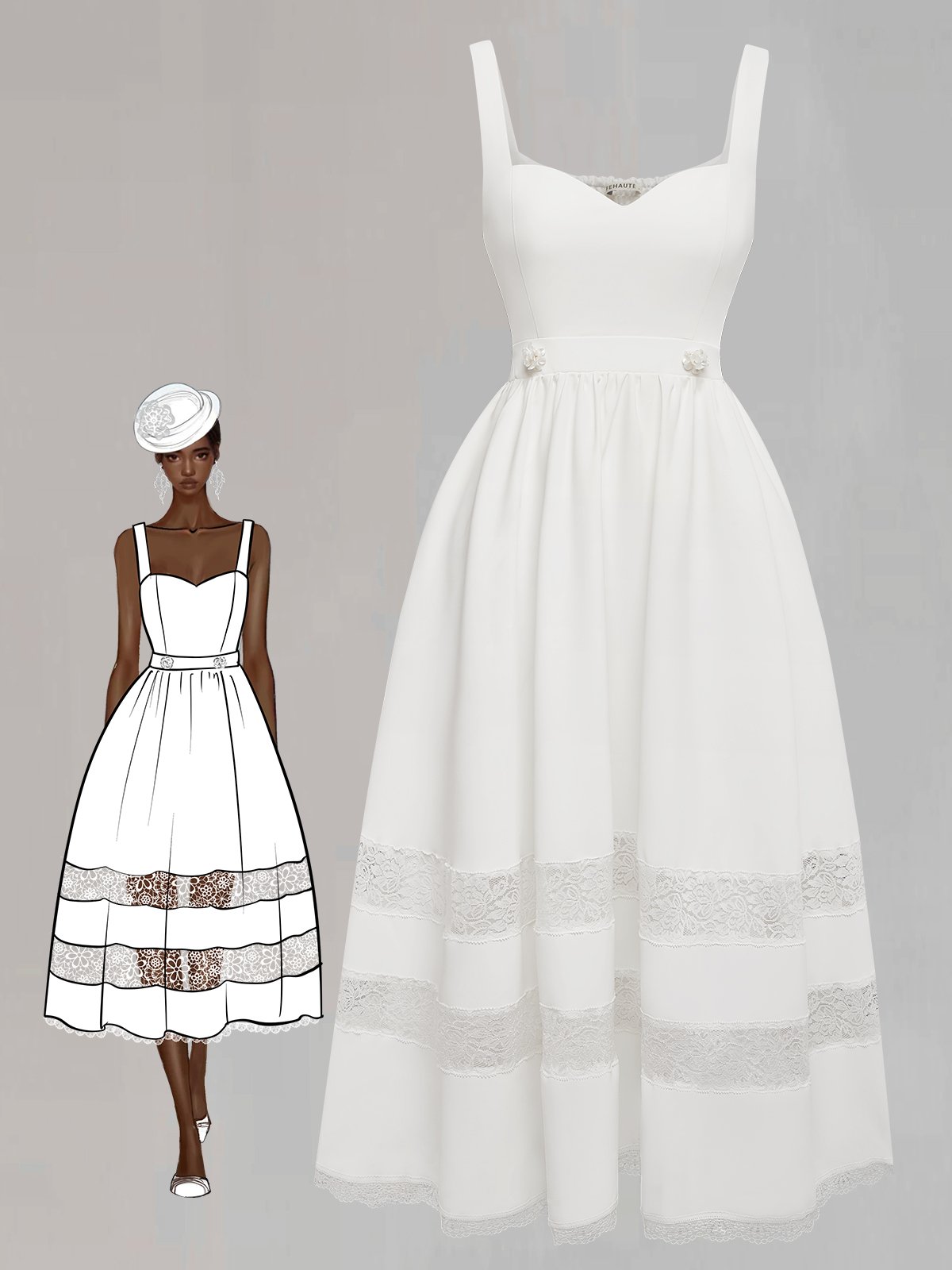 White Beaded Lace Spaghetti Sleeveless A-Line Midi Dress