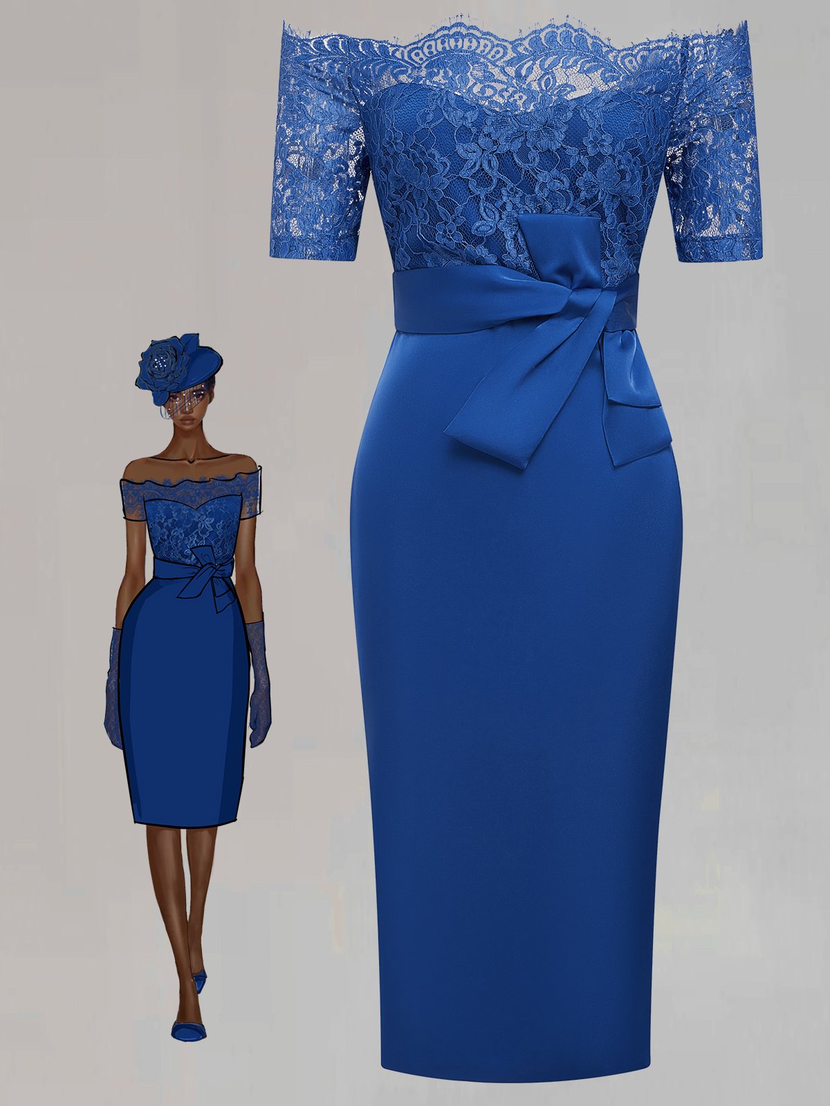 Blue Lace Pleated Bow Off The Shoulder Sheath Midi Dress