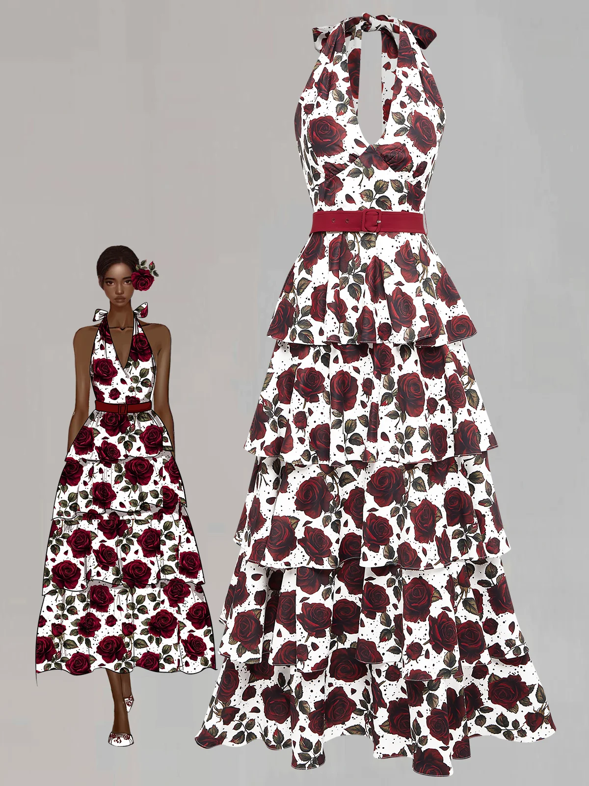 Wine Red Printing Ruffle Skirt Halter Sleeveless A-Line Maxi Dress