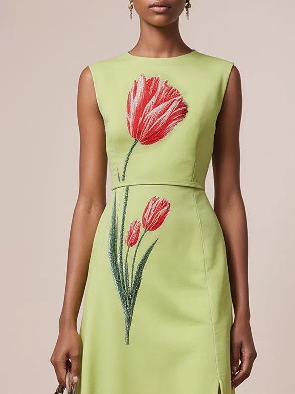Green Embroidery Slit Classic Crew Neck Sleeveless A-Line Maxi Dress