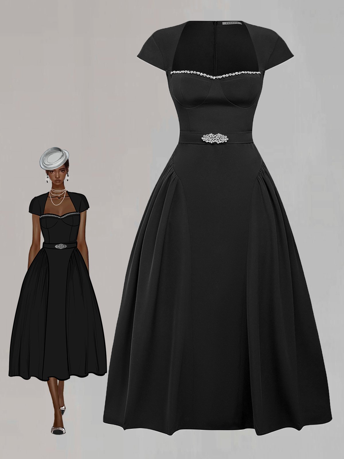 Black Rhinestone Pleated  Sweetheart Neckline Cap Sleeve A-Line Midi Dress