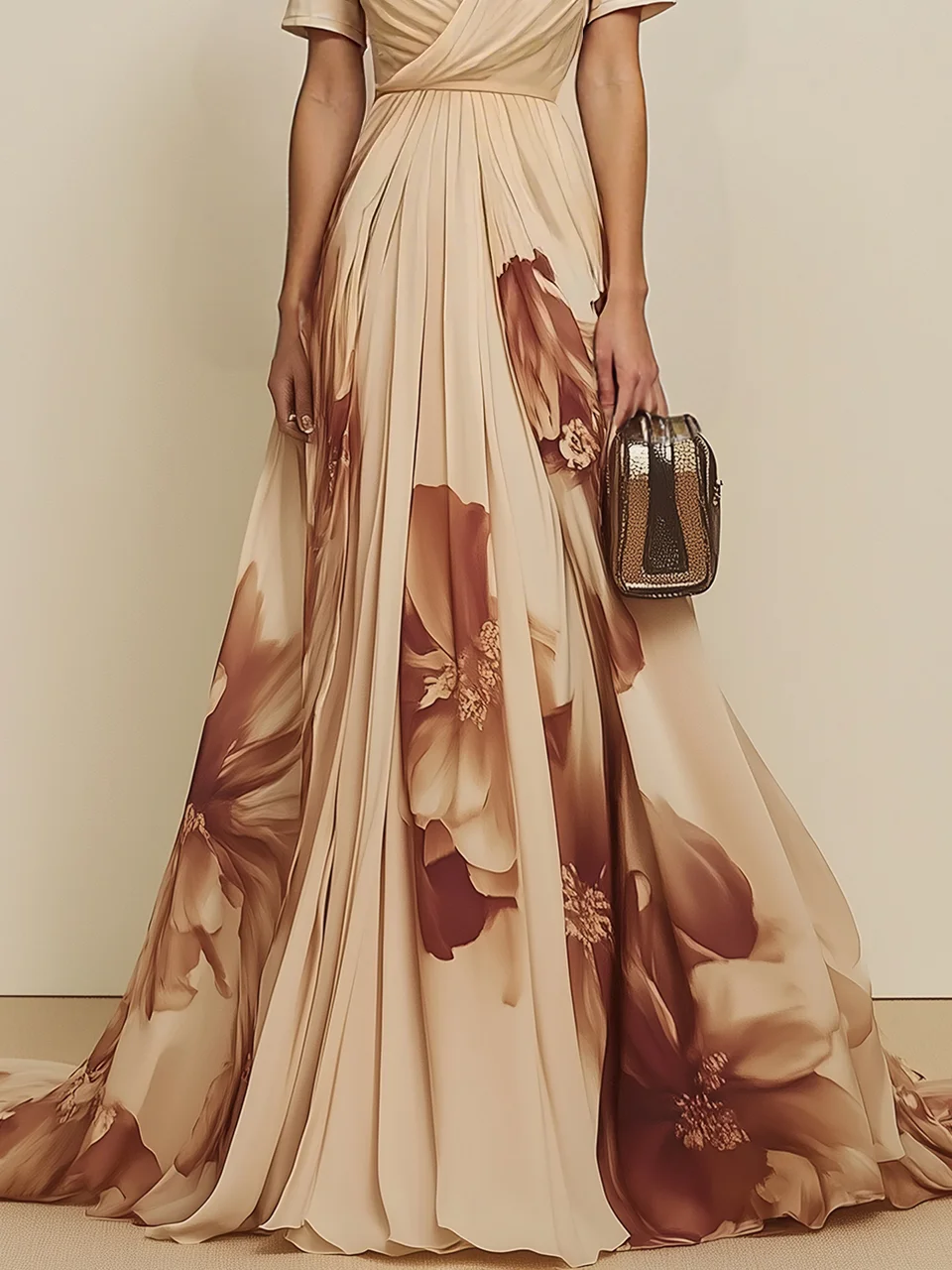 Beige Chiffon V Neck Short Sleeve A-Line Gown Dress