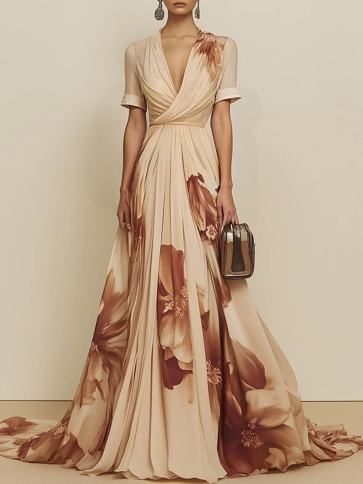 Beige Chiffon V Neck Short Sleeve A-Line Gown Dress