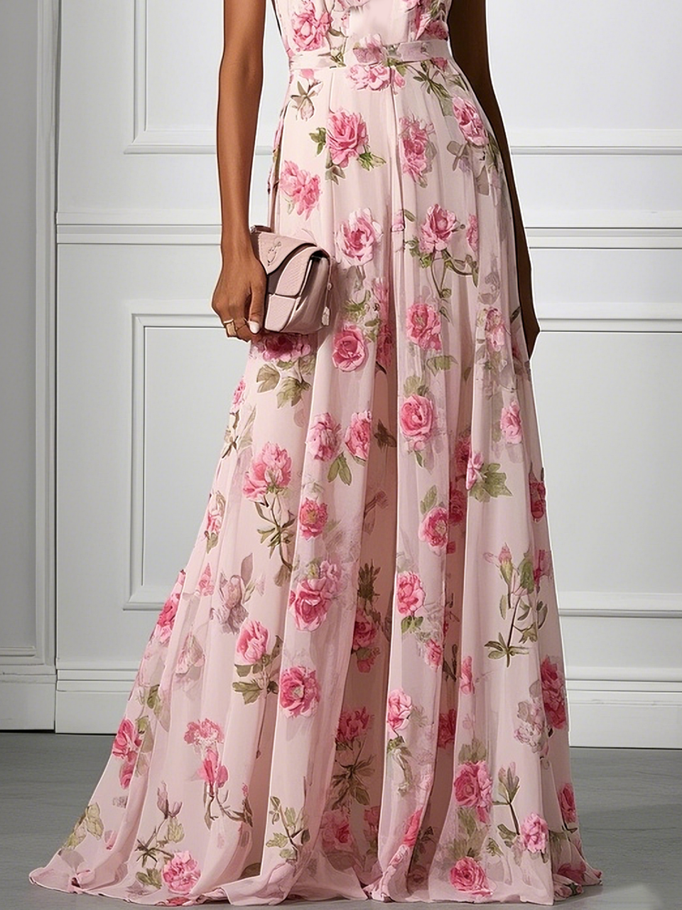 Pink Classic Halter Short Sleeve A-Line Gown Dress