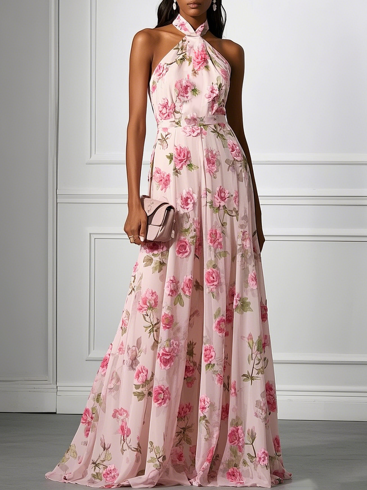 Pink Classic Halter Short Sleeve A-Line Gown Dress
