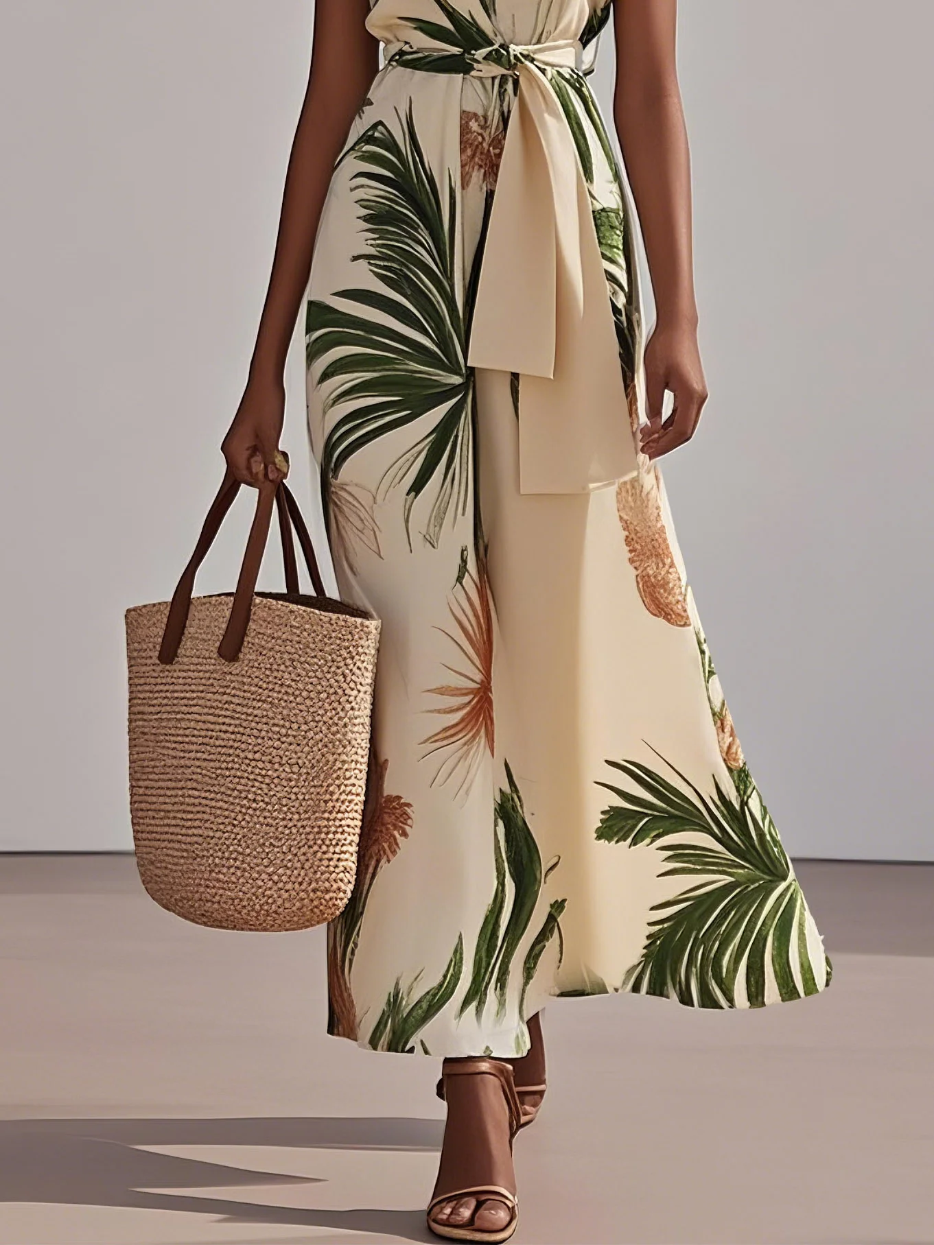 Beige Printing Floral Classic V Neck Short Sleeve A-Line Maxi Dress