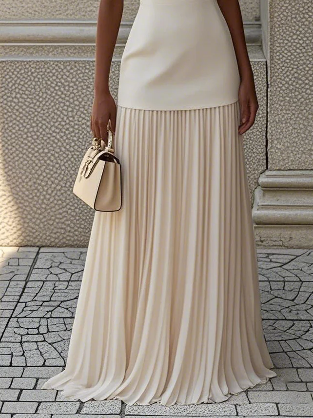 Off White Pleated Boat Neck Sleeveless A-Line Maxi Dress