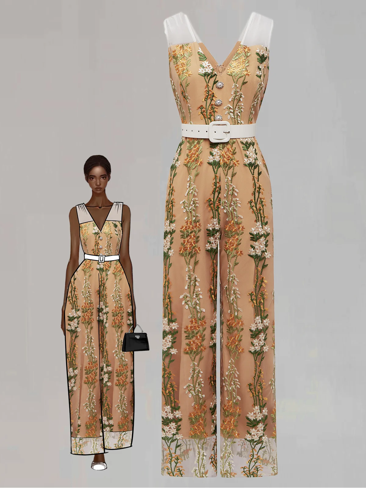 Morden Regular Fit Floral Embroidery Jumpsuit With Belt