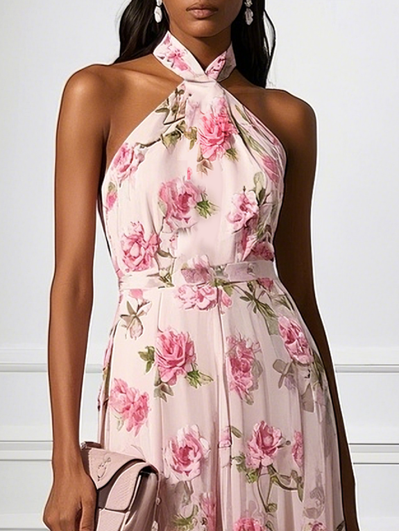 Pink Classic Halter Short Sleeve A-Line Gown Dress