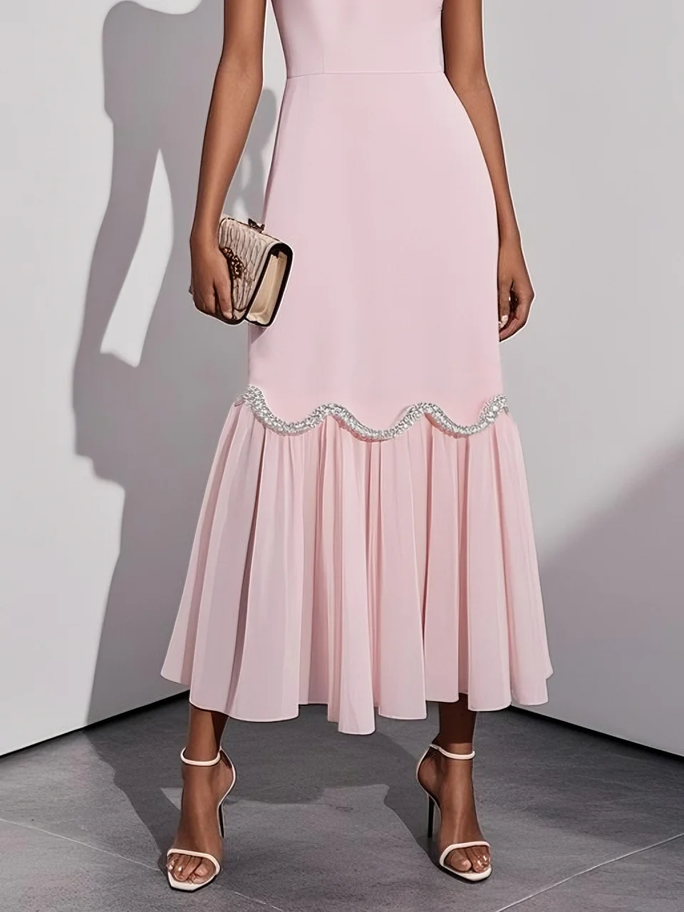 Pink Rhinestone Classic Sweetheart Neckline Sleeveless A-Line Maxi Dress