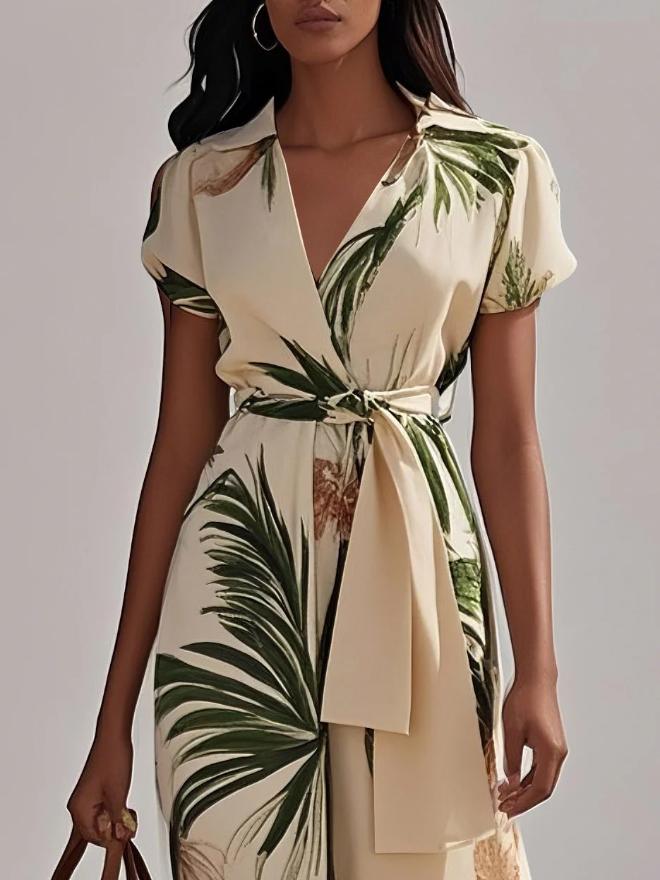 Beige Printing Floral Classic V Neck Short Sleeve A-Line Maxi Dress