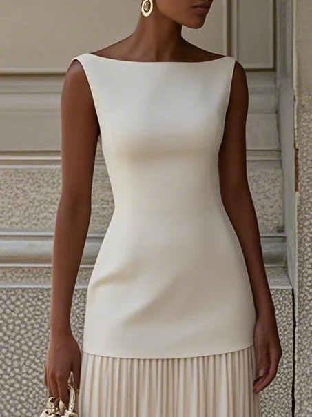 Off White Pleated Boat Neck Sleeveless A-Line Maxi Dress