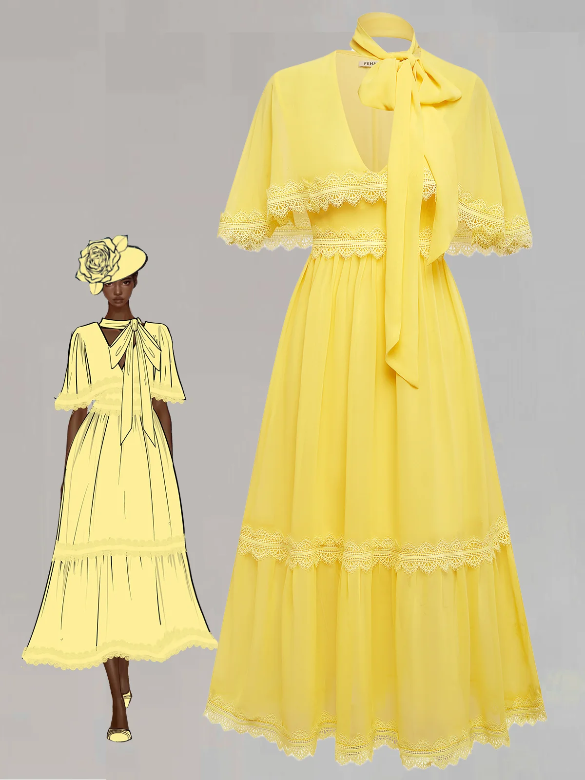 Yellow Gathered Lace Chiffon V Neck Half Sleeve Raglan Sleeves Sheath Midi Dress