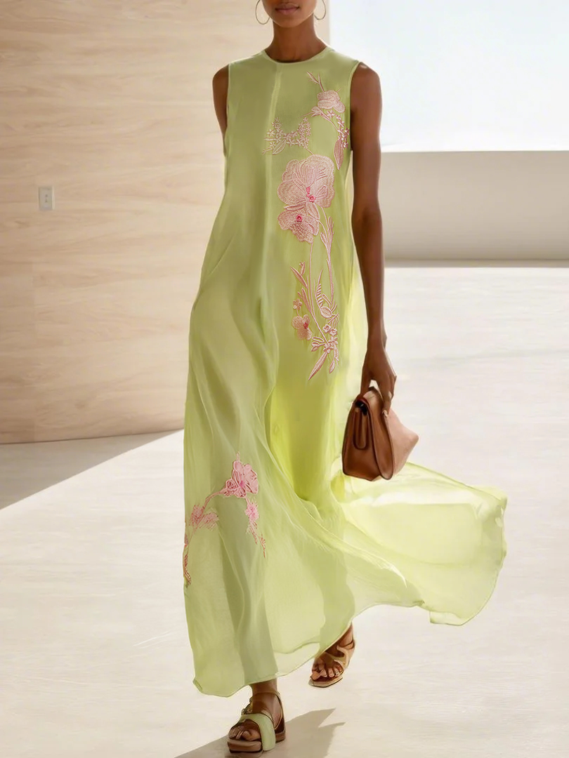 Yellow Embroidery Classic Crew Neck Sleeveless A-Line Maxi Dress