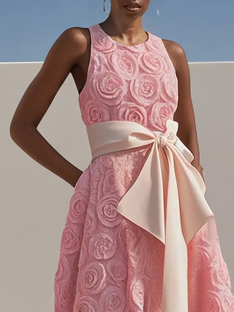 Pink 3D Floral Bow Crew Neck A-Line Midi Dress
