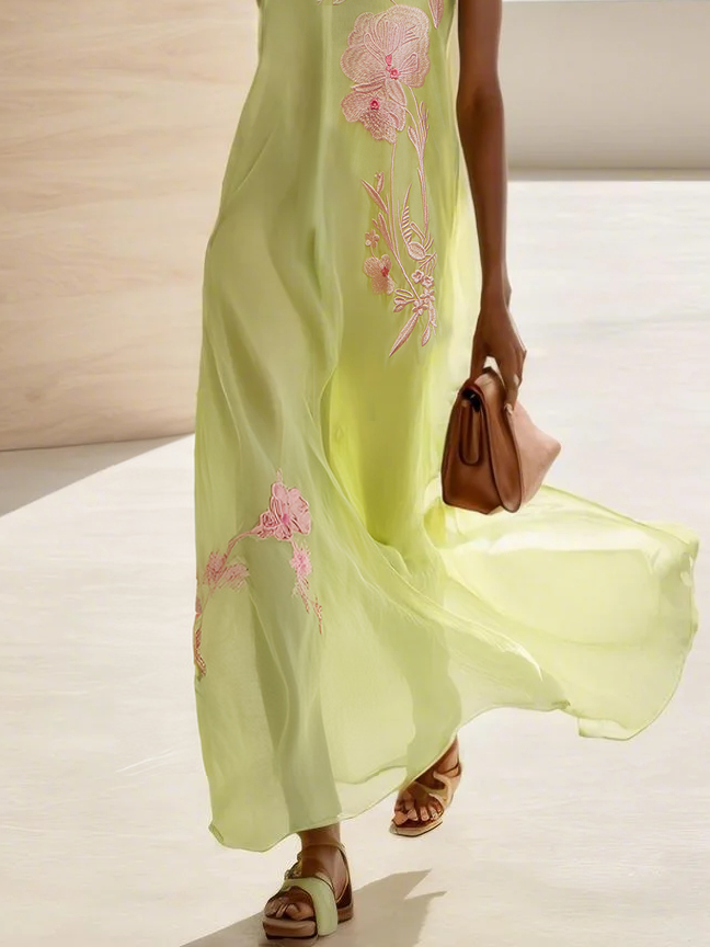 Yellow Embroidery Classic Crew Neck Sleeveless A-Line Maxi Dress