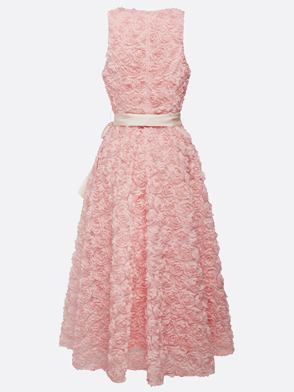 Pink 3D Floral Bow Crew Neck A-Line Midi Dress