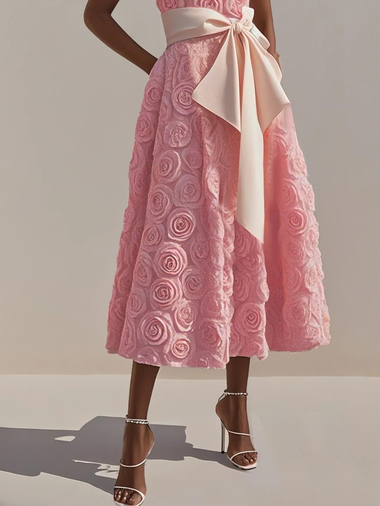 Pink 3D Floral Bow Crew Neck A-Line Midi Dress