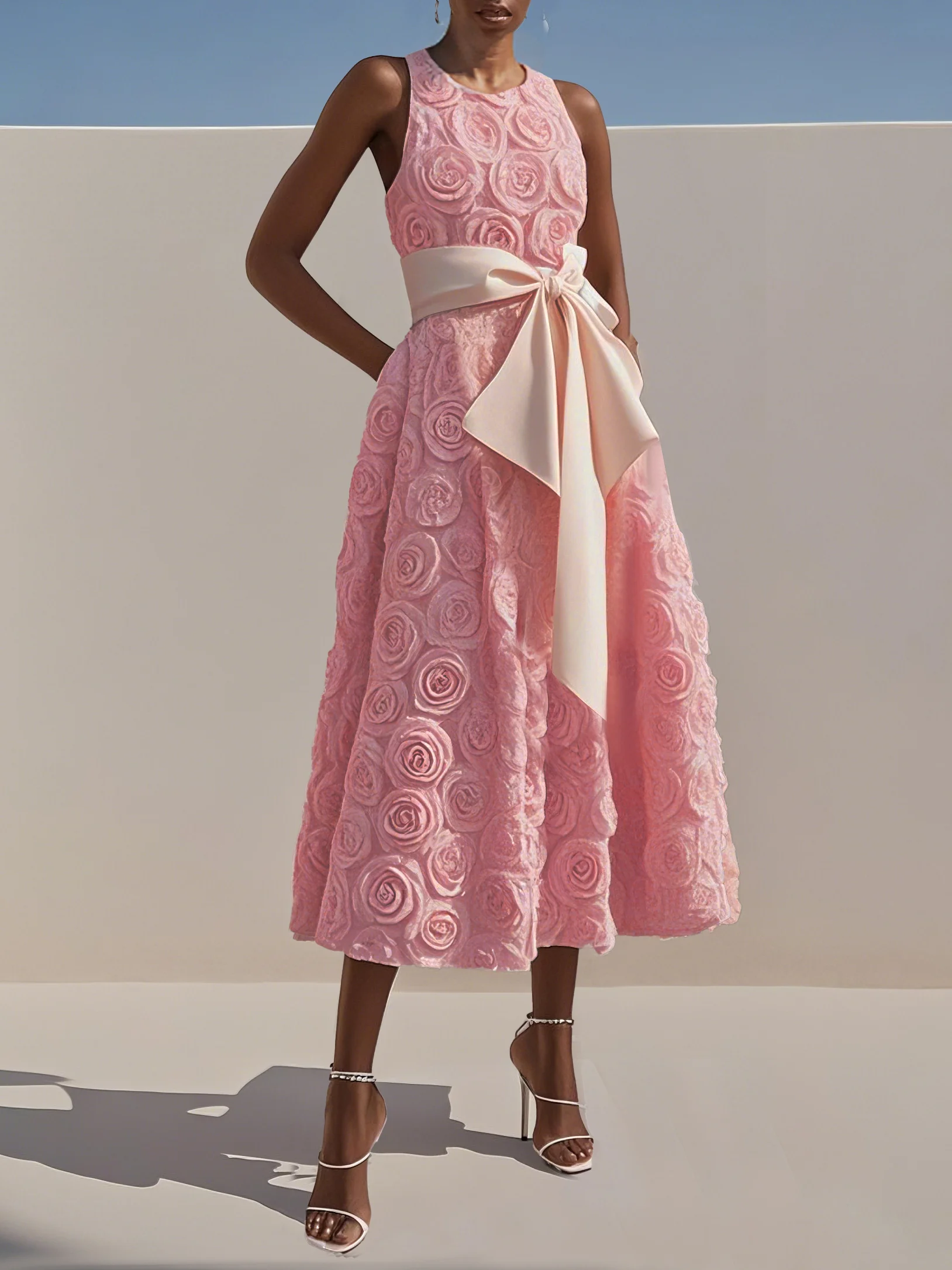 Pink 3D Floral Bow Crew Neck A-Line Midi Dress
