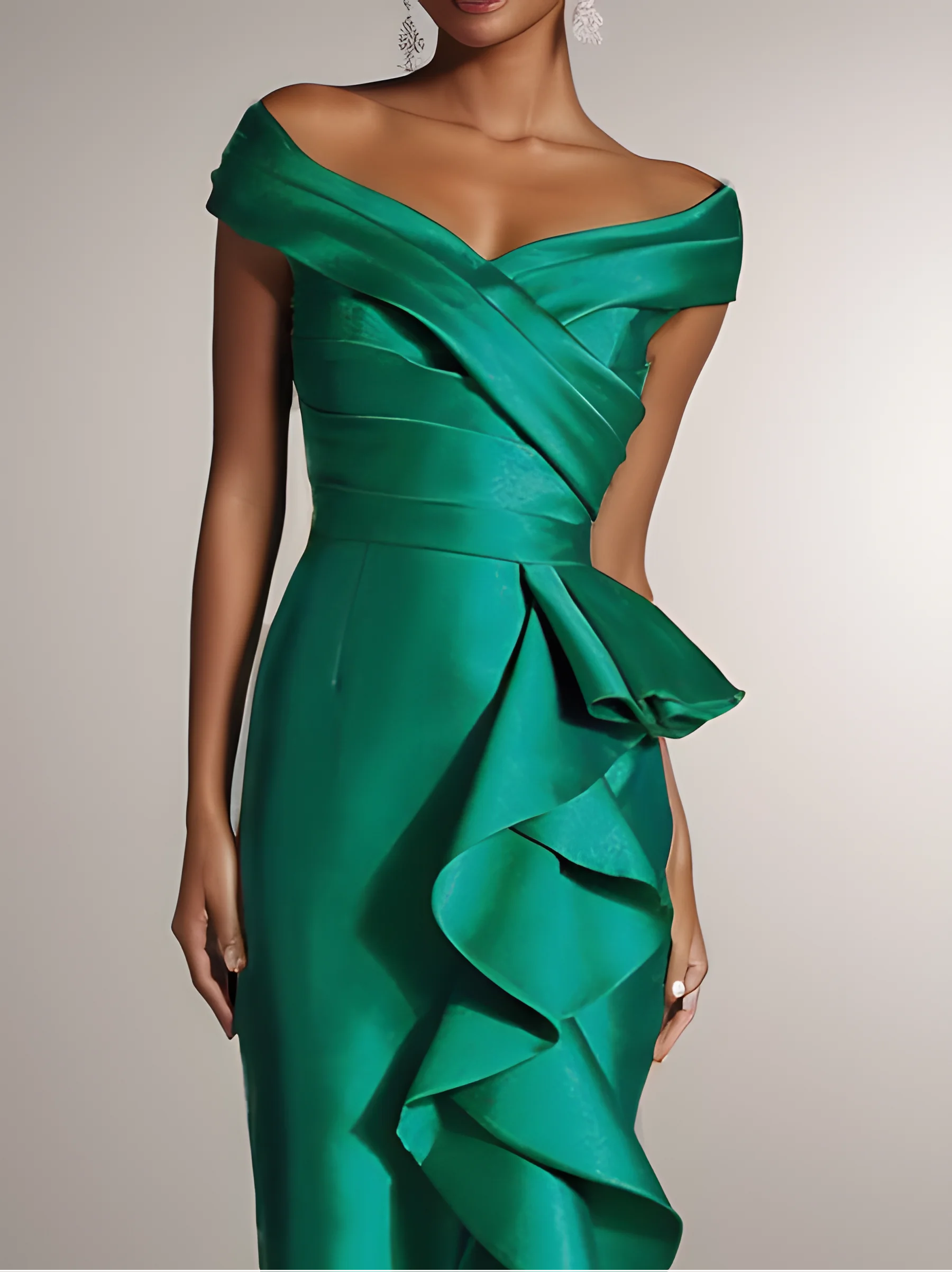 Green Ruffled Off The Shoulder Sheath Maxi Dress 