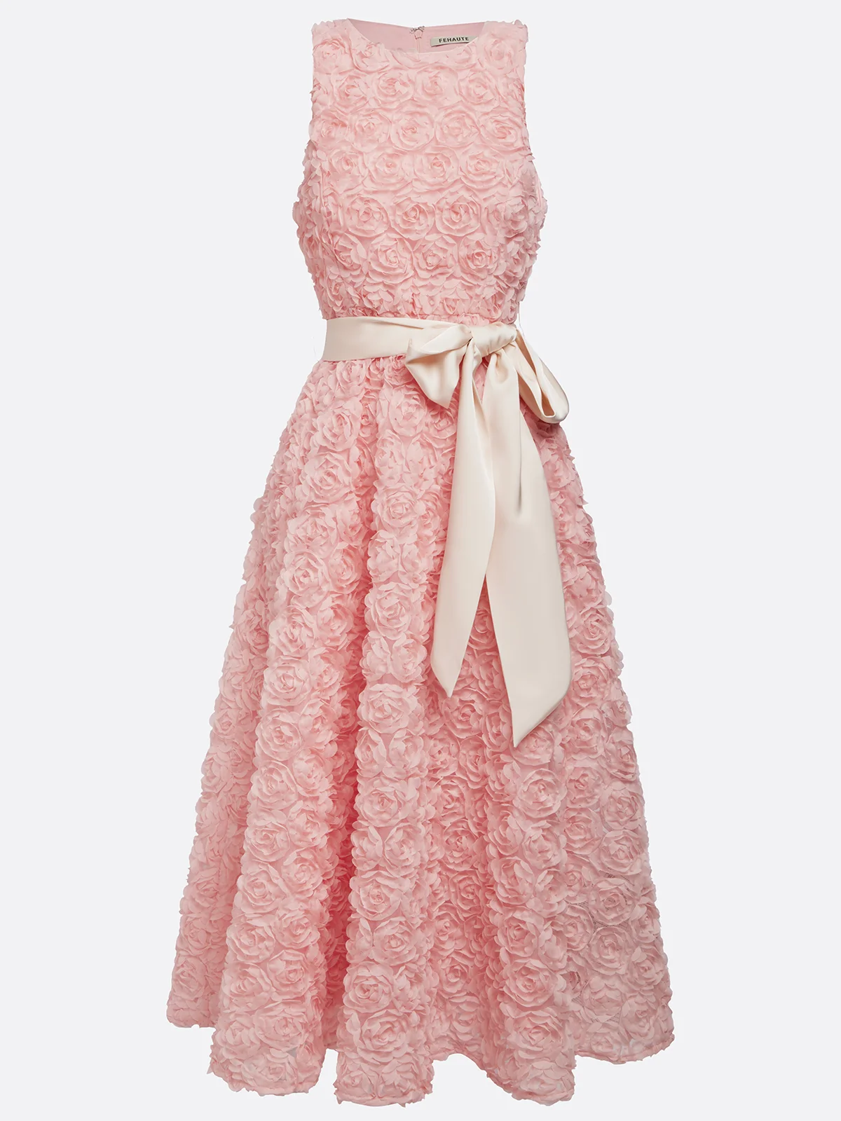 Pink 3D Floral Bow Crew Neck A-Line Midi Dress