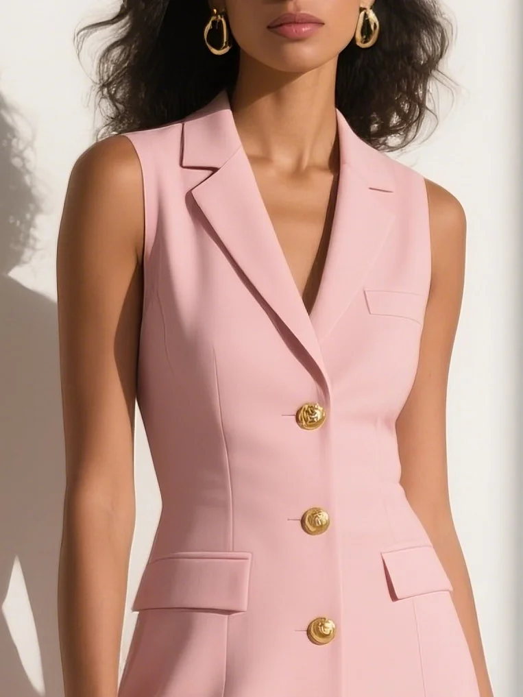 Pink Shawl Collar Sleeveless A-Line Midi Blazer Dress