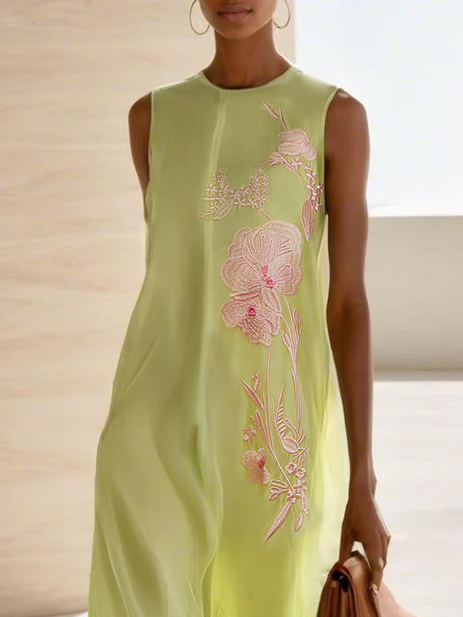 Yellow Embroidery Classic Crew Neck Sleeveless A-Line Maxi Dress