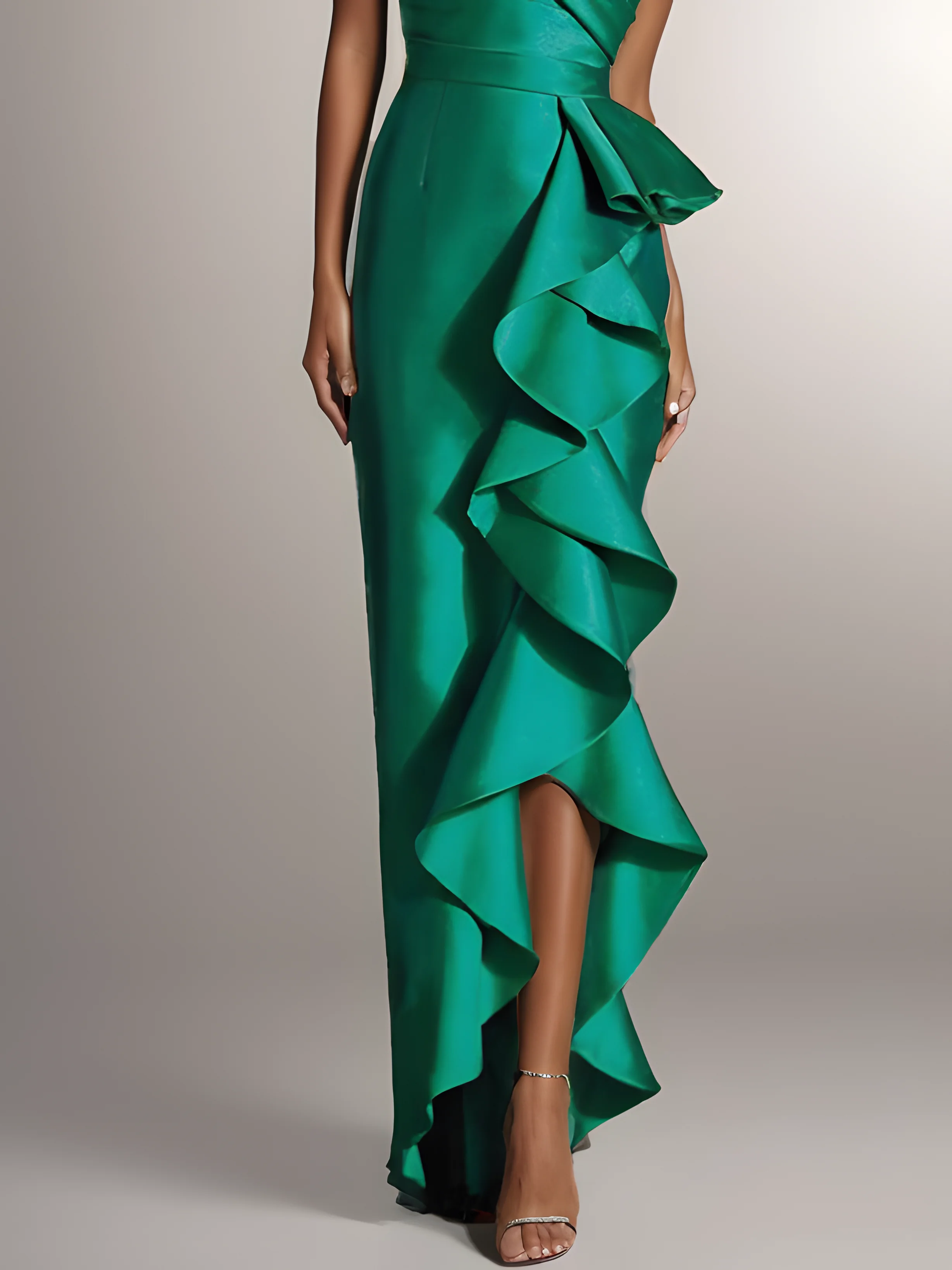 Green Ruffled Off The Shoulder Sheath Maxi Dress 