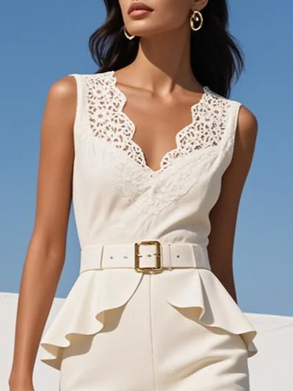 Off White Lace V Neck Sheath Midi Peplum Dress