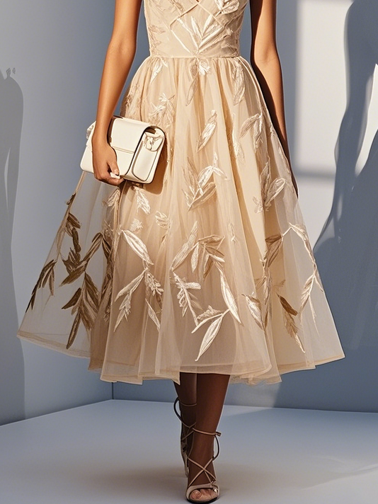 Beige 3D Floral Classic V Neck Sleeveless A-Line Midi Dress