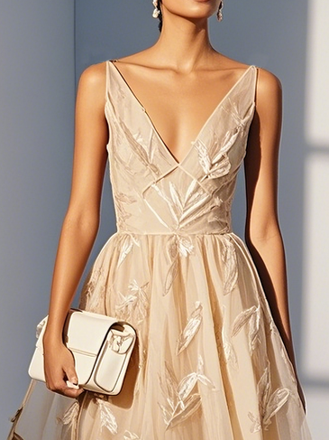 Beige 3D Floral Classic V Neck Sleeveless A-Line Midi Dress