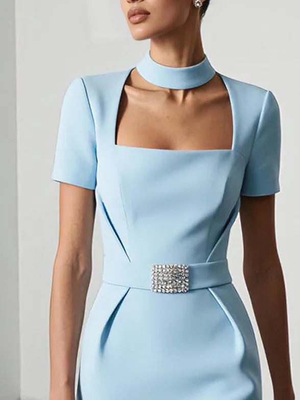 Light Blue Rhinestone Classic Square Neck Short Sleeve Sheath Midi Dress