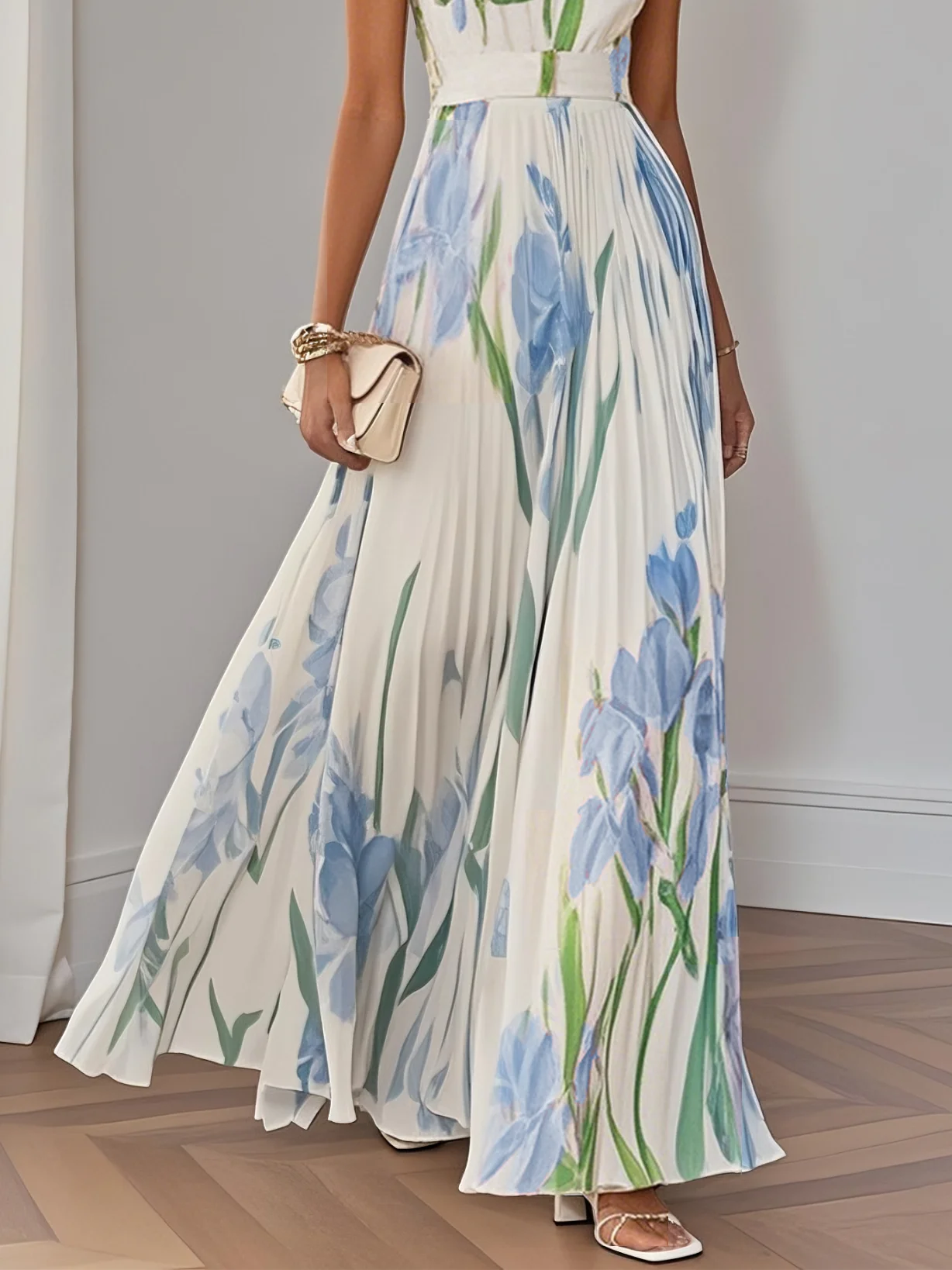 Light Blue Pleated Floral Chiffon Square Neck Sleeveless A-Line Maxi Dress