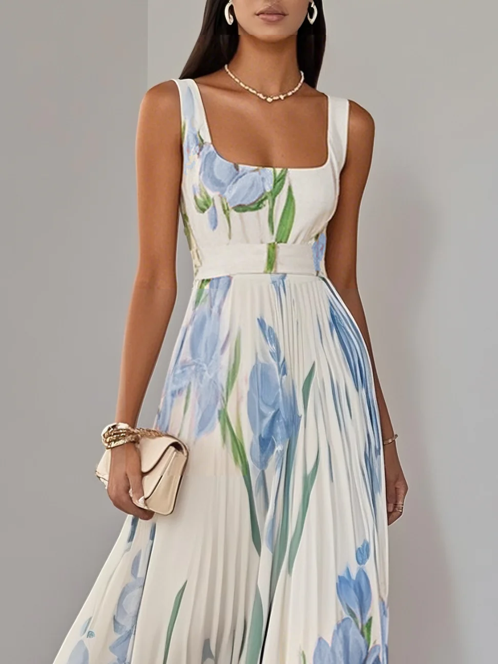 Light Blue Pleated Floral Chiffon Square Neck Sleeveless A-Line Maxi Dress