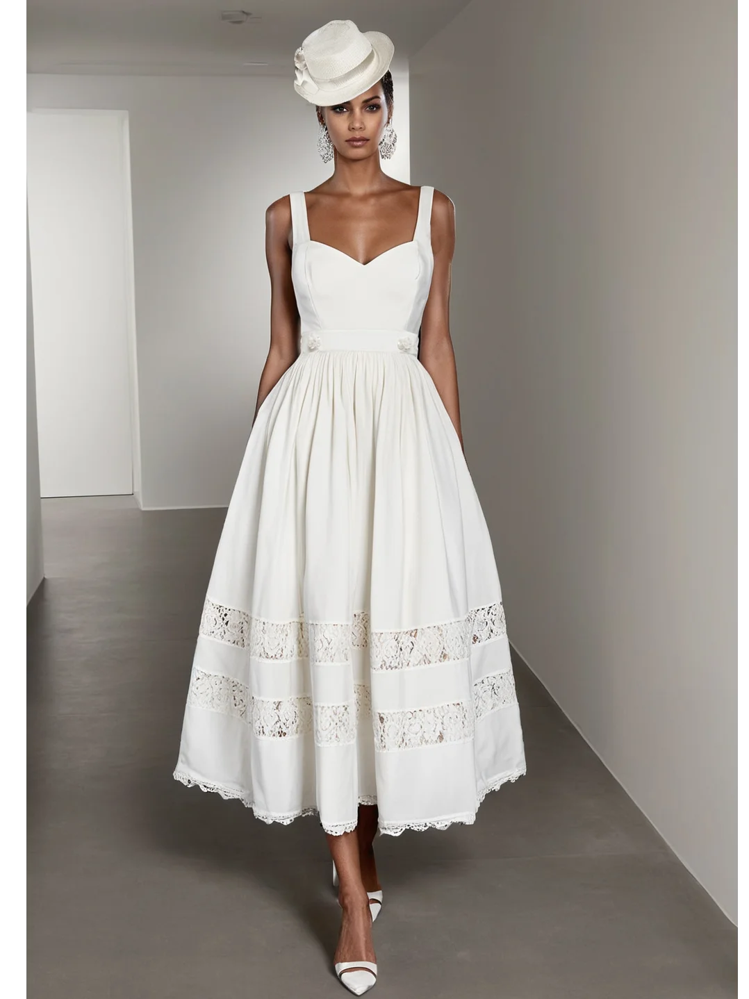 White Lace Beaded Spaghetti Sleeveless A-Line Midi Dress