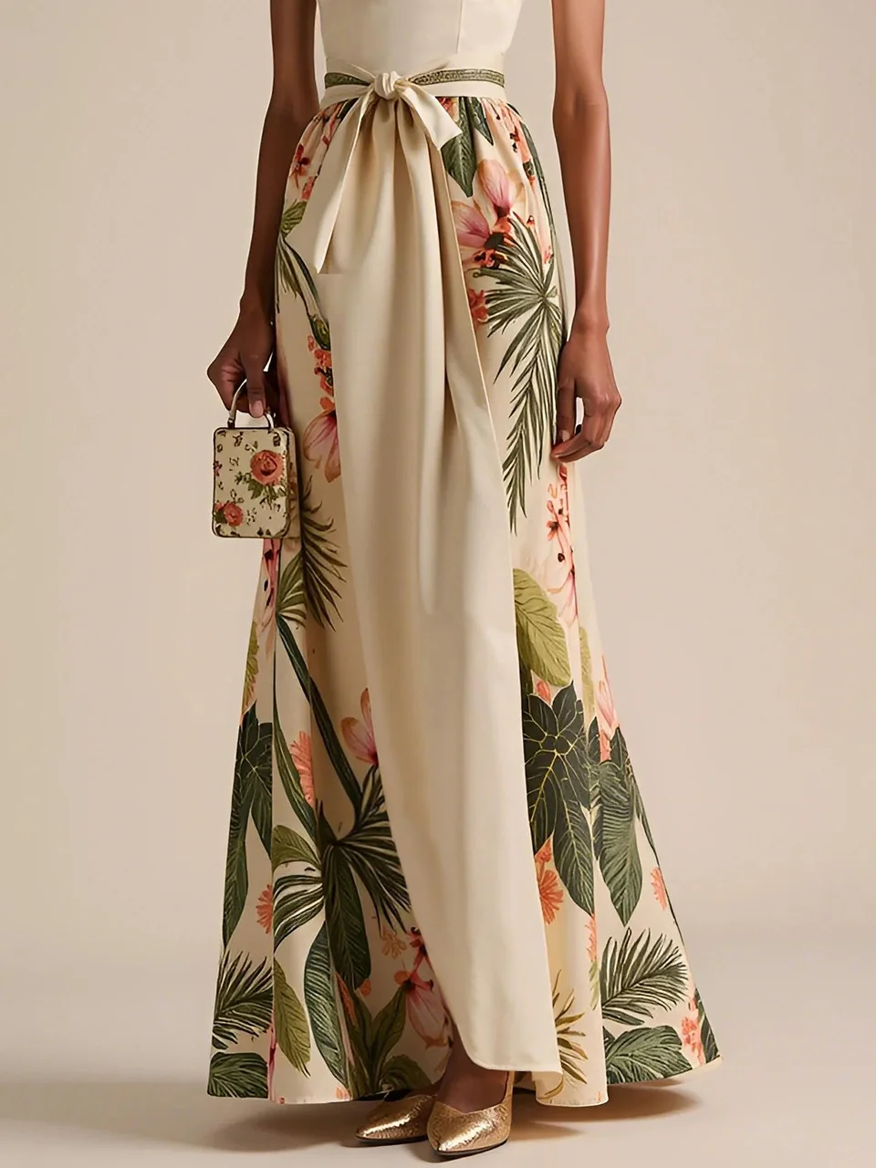 Beige Bow Classic Halter Floral Sleeveless A-Line Maxi Dress