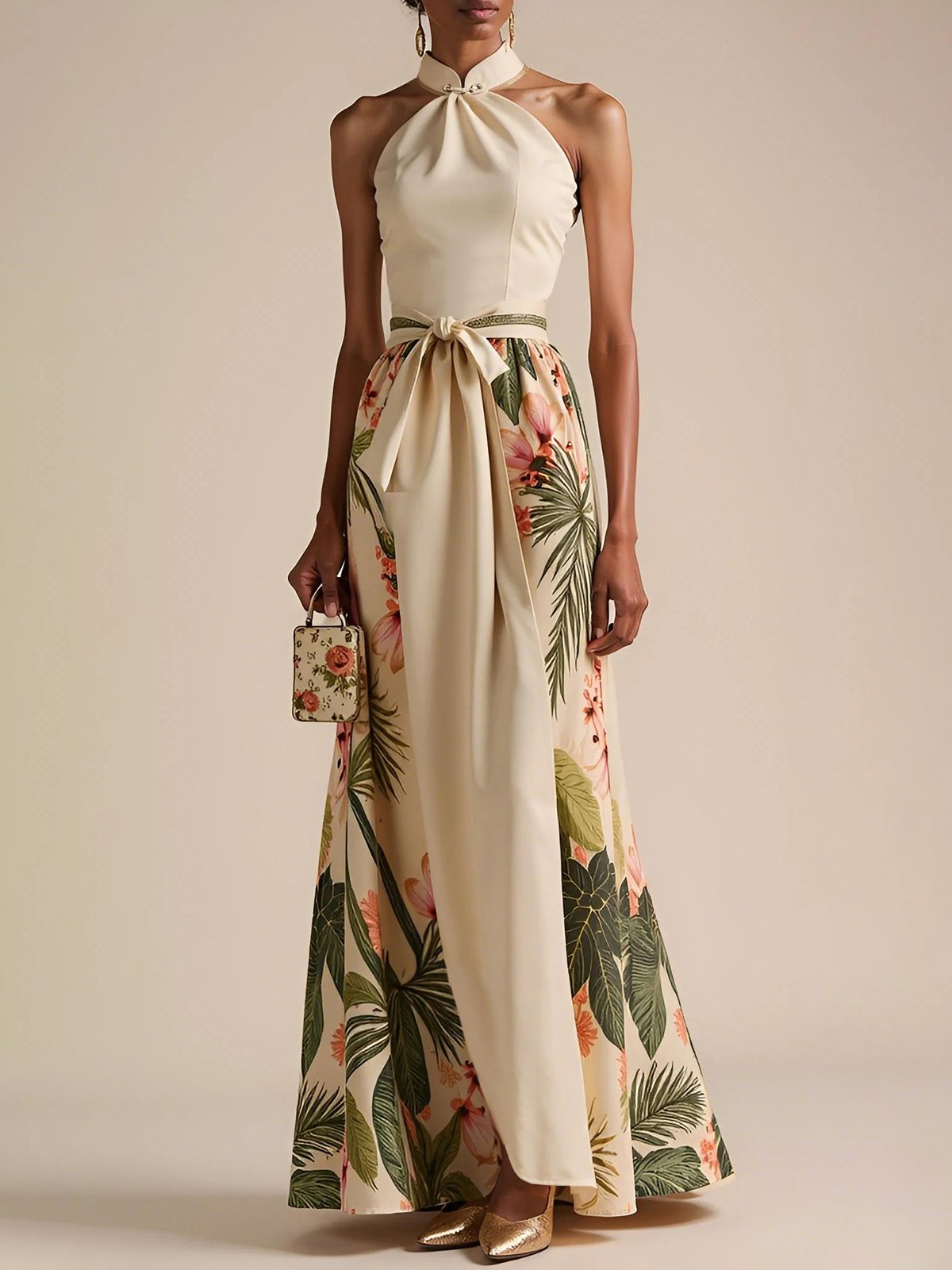 Beige Bow Classic Halter Floral Sleeveless A-Line Maxi Dress