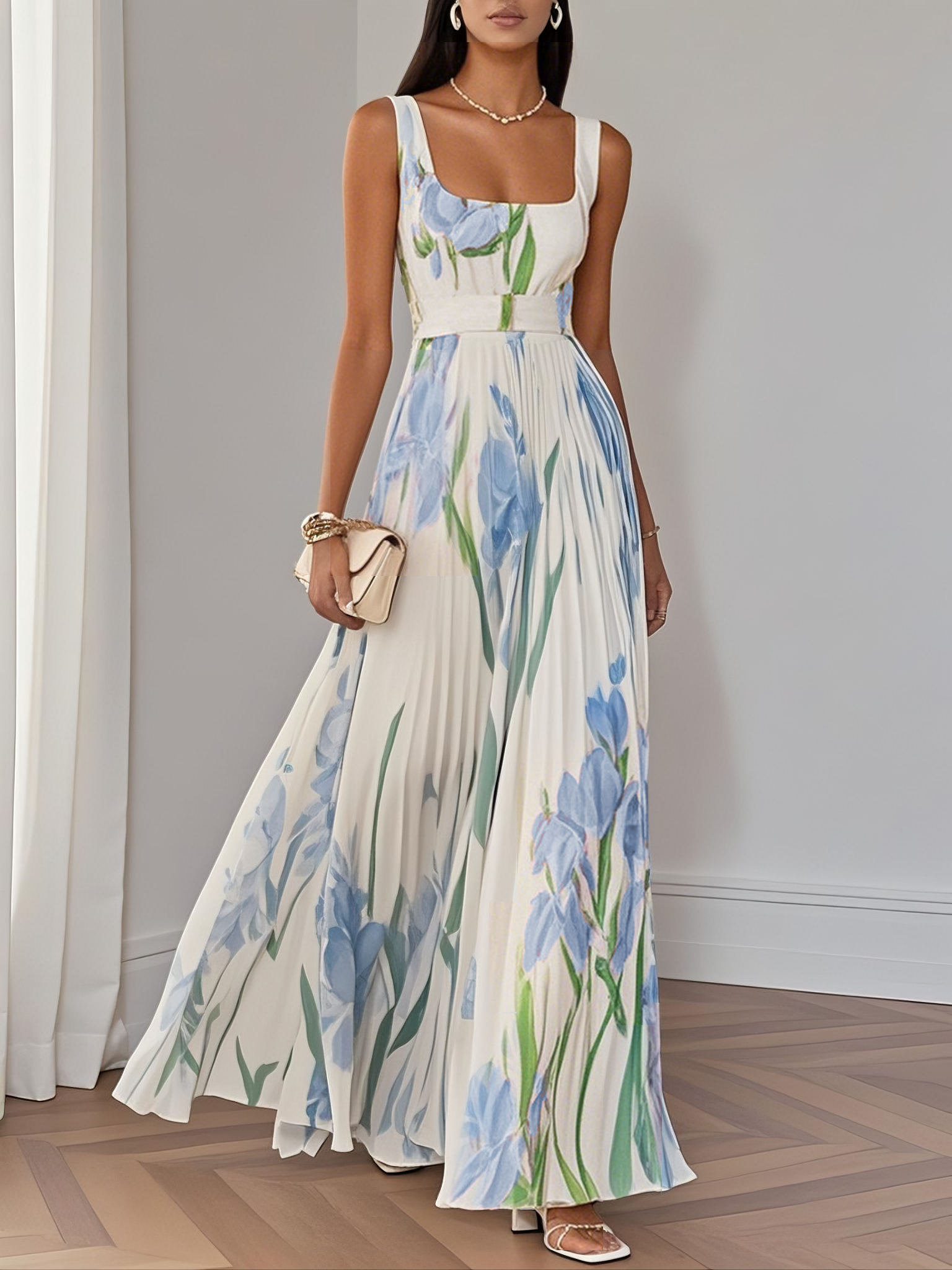 Light Blue Pleated Floral Chiffon Square Neck Sleeveless A-Line Maxi Dress