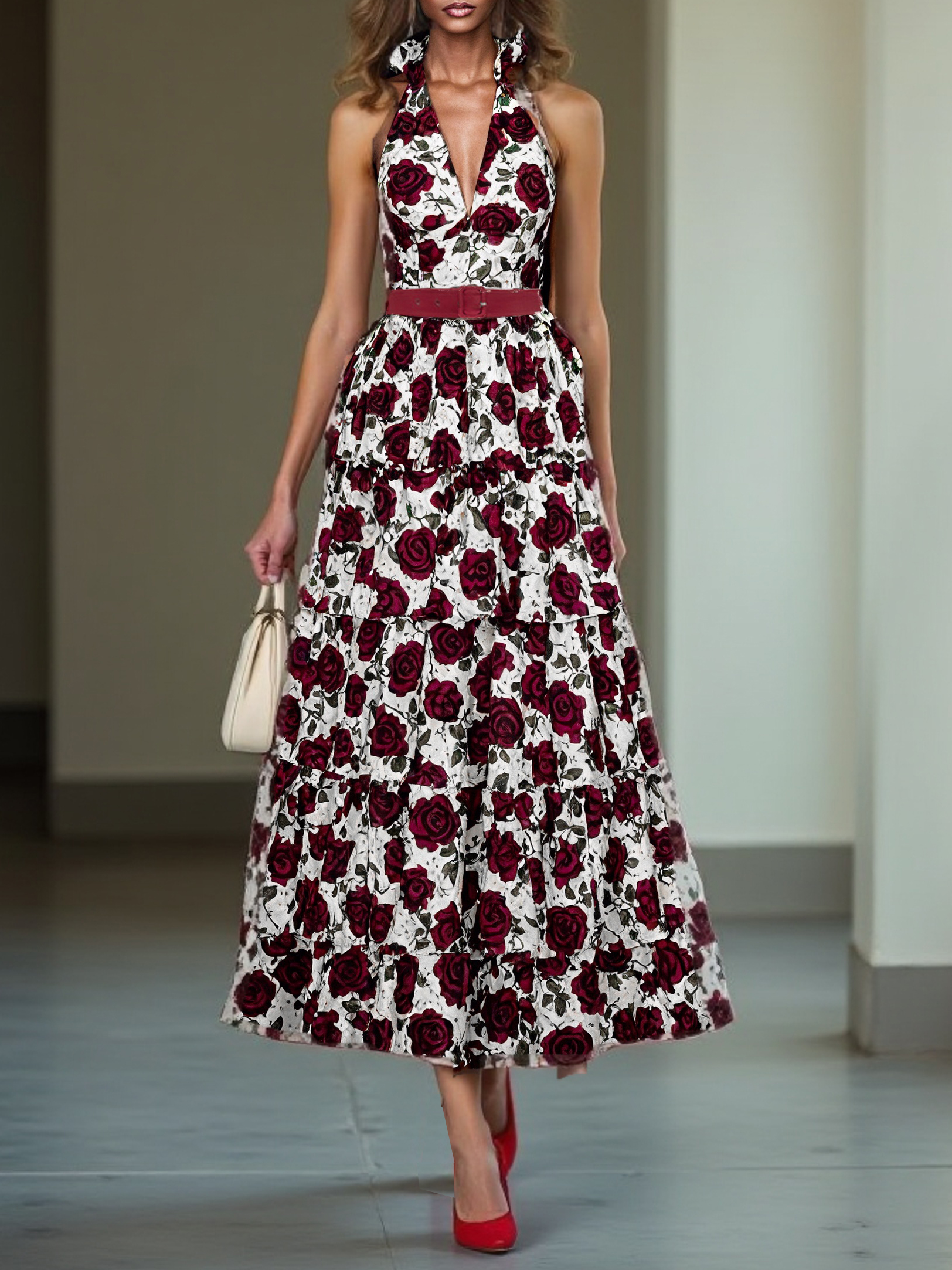 Wine Red Printing Ruffle Skirt Halter Sleeveless A-Line Maxi Dress